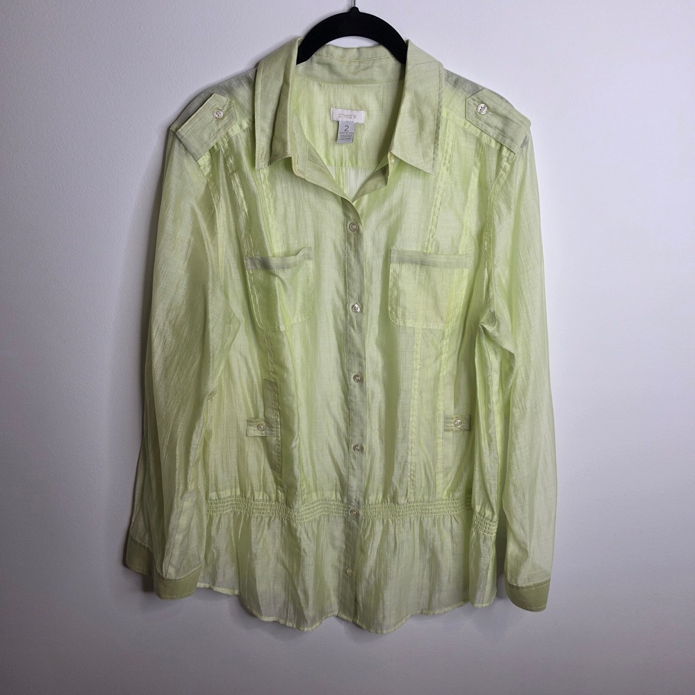 Chico's Button Down Blouse Womens 2 (L) Utility Safari Sheer Pale Green